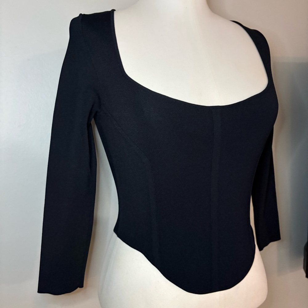 Zara Black Fine Knit Stretch Semi Cropped Top 3/4 Sleeve